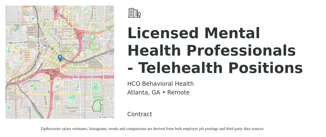 HCO Behavioral Health job posting for a Licensed Mental Health Professionals - Telehealth Positions in Atlanta, GA with a salary of $43 to $60 Hourly with a map of Atlanta location.