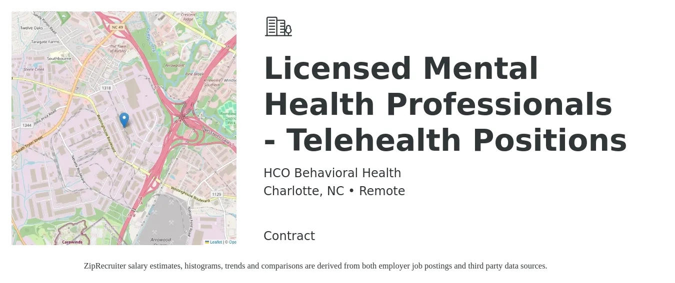 HCO Behavioral Health job posting for a Licensed Mental Health Professionals - Telehealth Positions in Charlotte, NC with a salary of $43 to $60 Hourly with a map of Charlotte location.