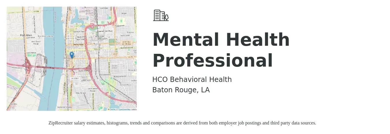 HCO Behavioral Health job posting for a Mental Health Professional in Baton Rouge, LA with a salary of $16 to $23 Hourly with a map of Baton Rouge location.