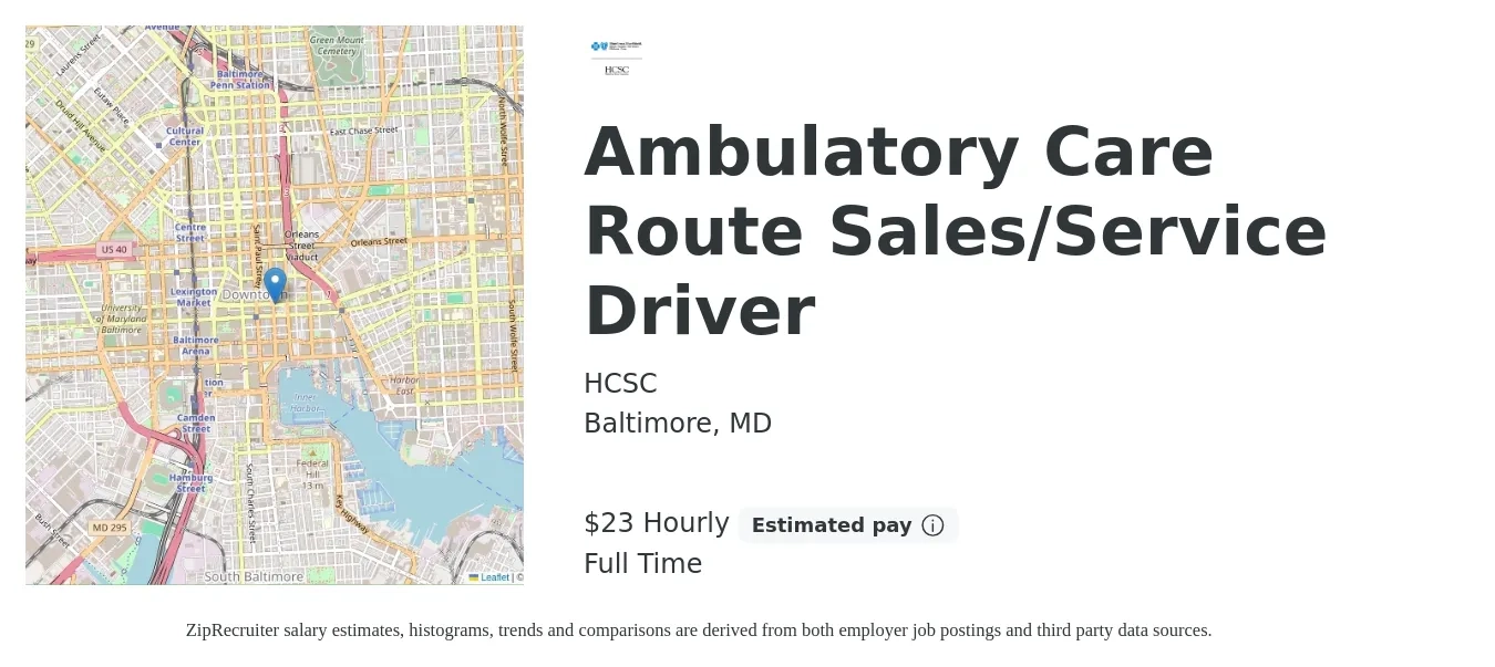 HCSC job posting for a Ambulatory Care Route Sales/Service Driver in Baltimore, MD with a salary of $962 to $962 Weekly with a map of Baltimore location.
