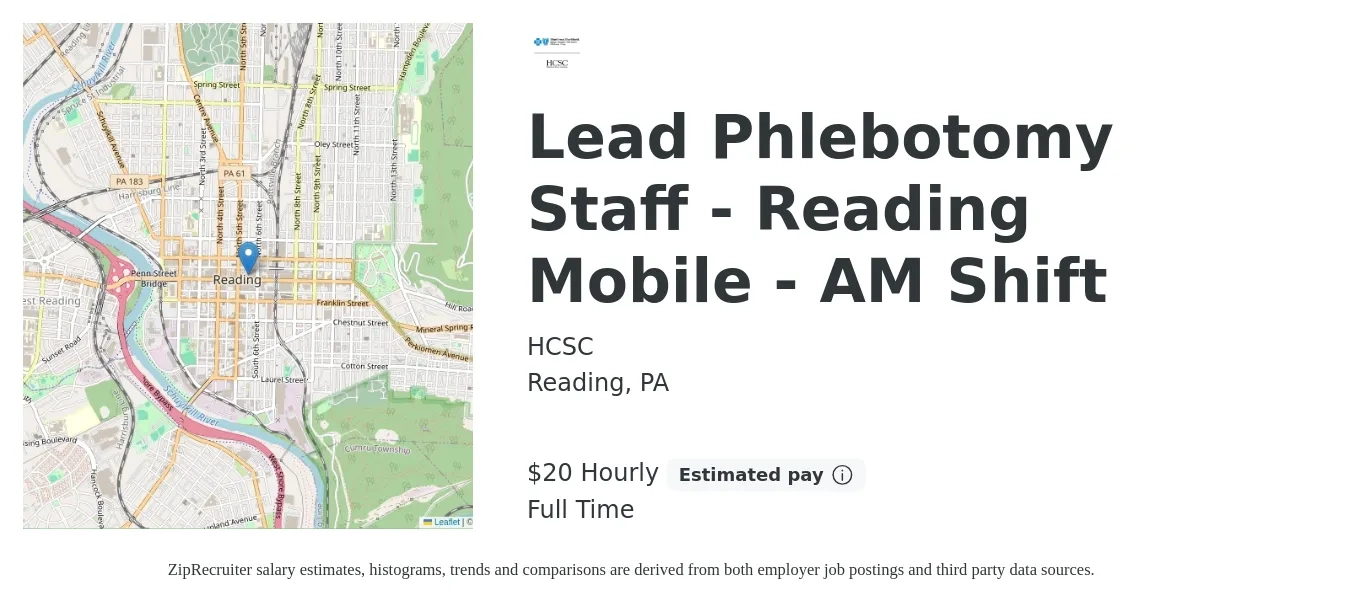 HCSC job posting for a Lead Phlebotomy Staff - Reading Mobile - AM Shift in Reading, PA with a salary of $21 Hourly with a map of Reading location.