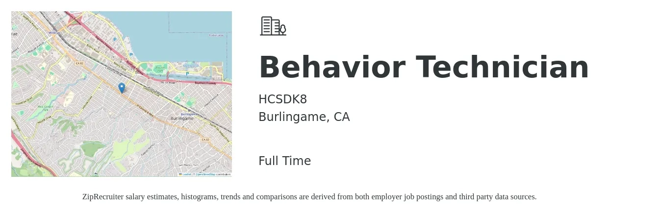 HCSDK8 job posting for a Behavior Technician in Burlingame, CA with a salary of $20 to $27 Hourly with a map of Burlingame location.