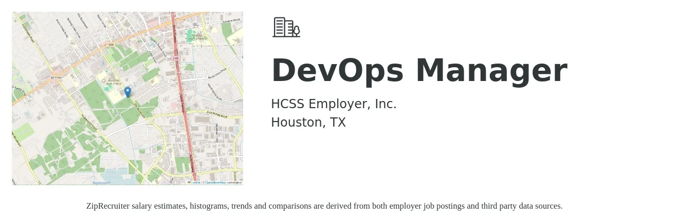 HCSS Employer, Inc. job posting for a DevOps Manager in Houston, TX with a salary of $50 to $69 Hourly with a map of Houston location.