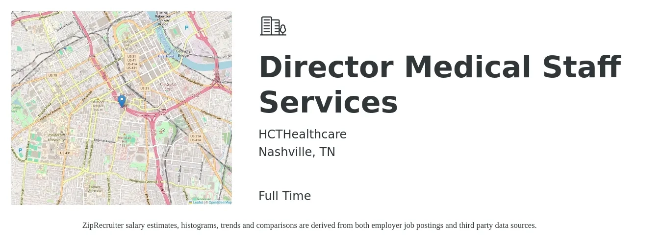 HCTHealthcare job posting for a Director Medical Staff Services in Nashville, TN with a salary of $48 to $77 Hourly with a map of Nashville location.