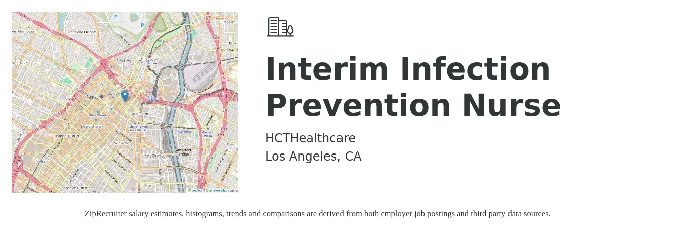 HCTHealthcare job posting for a Interim Infection Prevention Nurse in Los Angeles, CA with a salary of $46 to $67 Hourly with a map of Los Angeles location.