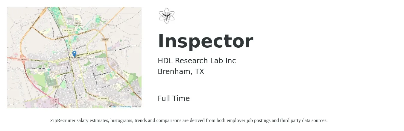 HDL Research Lab Inc job posting for a Inspector in Brenham, TX with a salary of $16 to $28 Hourly with a map of Brenham location.