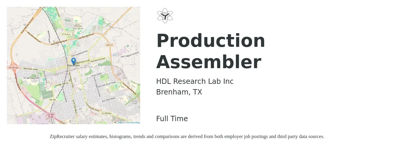 HDL Research Lab Inc job posting for a Production Assembler in Brenham, TX with a salary of $14 to $16 Hourly with a map of Brenham location.