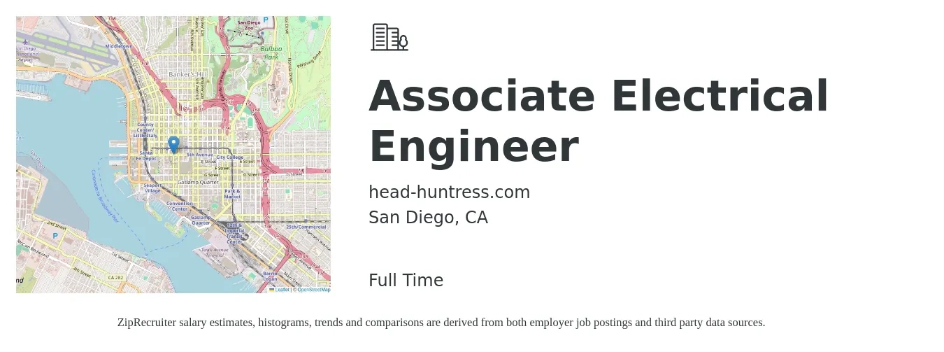head-huntress.com job posting for a Associate Electrical Engineer in San Diego, CA with a salary of $69,000 to $109,900 Yearly with a map of San Diego location.