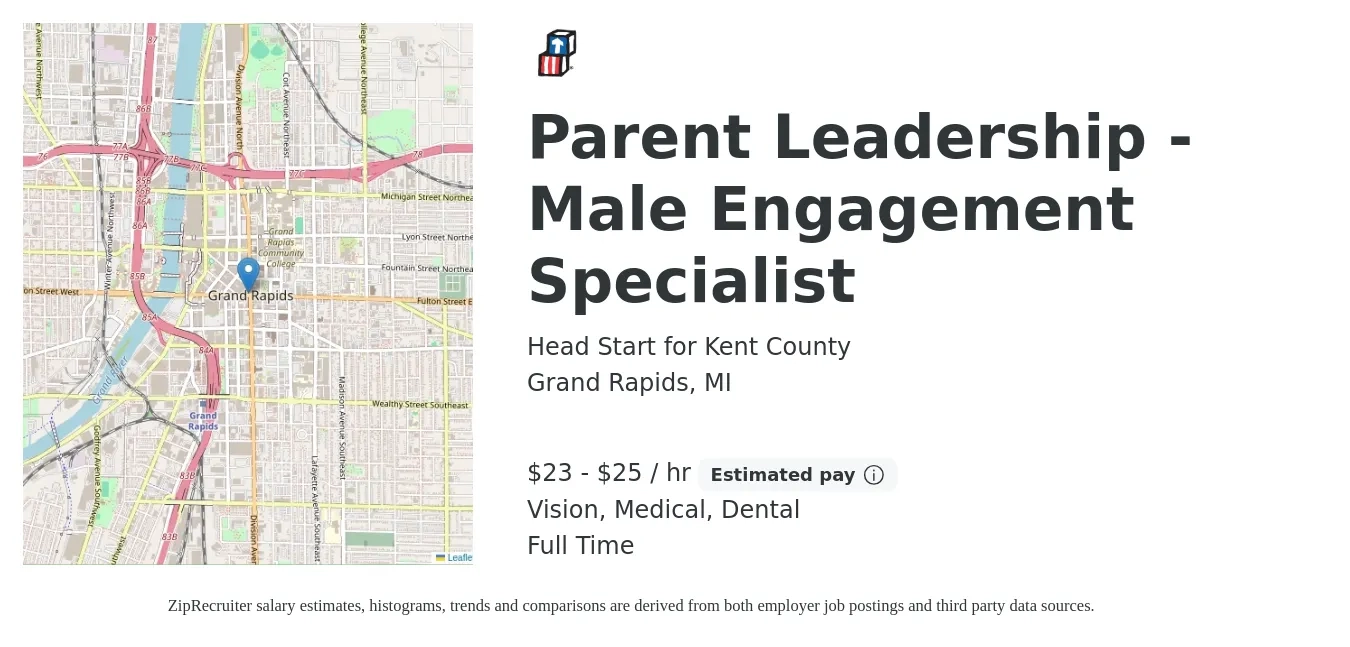 Head Start for Kent County job posting for a Parent Leadership - Male Engagement Specialist in Grand Rapids, MI with a salary of $25 to $27 Hourly and benefits including medical, pto, retirement, vision, dental, and life_insurance with a map of Grand Rapids location.