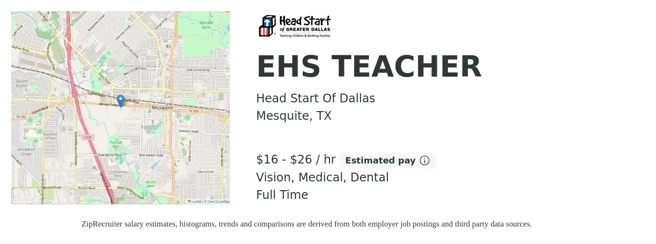 Head Start Of Dallas job posting for a EHS TEACHER in Mesquite, TX with a salary of $17 to $28 Hourly and benefits including medical, retirement, vision, dental, and life_insurance with a map of Mesquite location.
