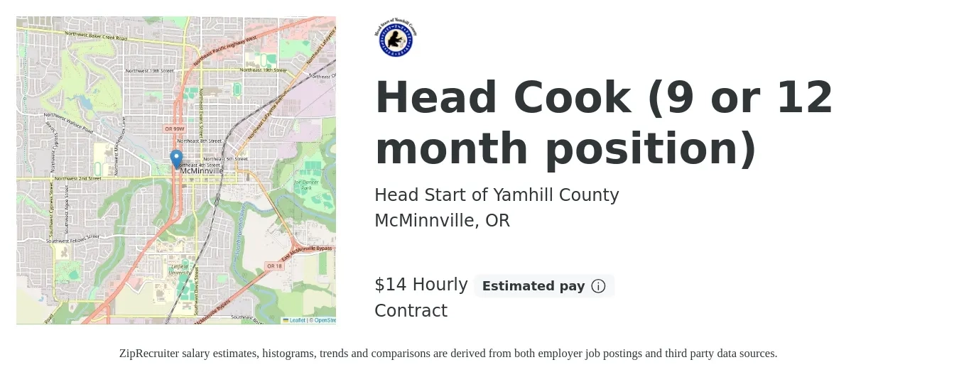 Head Start of Yamhill County job posting for a Head Cook (9 or 12 month position) in McMinnville, OR with a salary of $15 Hourly with a map of McMinnville location.