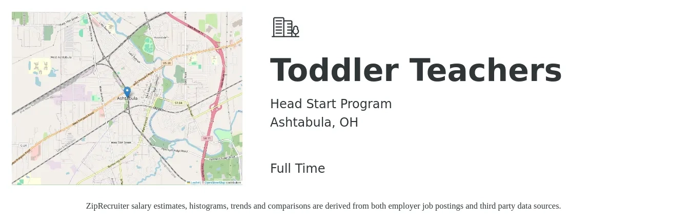 Head Start Program job posting for a Toddler Teachers in Ashtabula, OH with a salary of $13 to $16 Hourly with a map of Ashtabula location.