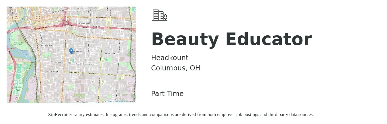 Headkount job posting for a Beauty Educator in Columbus, OH with a salary of $18 to $30 Hourly with a map of Columbus location.