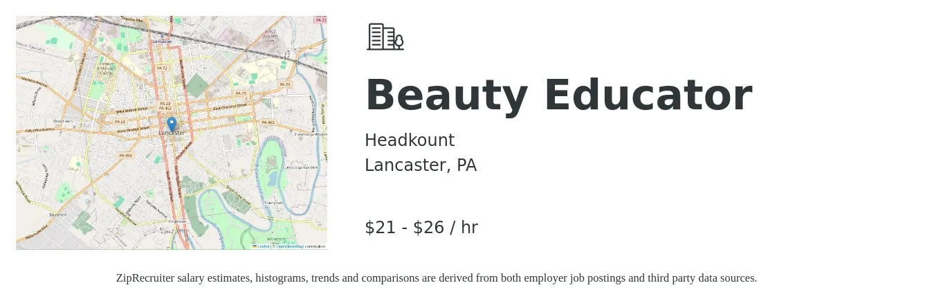 Headkount job posting for a Beauty Educator in Lancaster, PA with a salary of $18 to $30 Hourly with a map of Lancaster location.