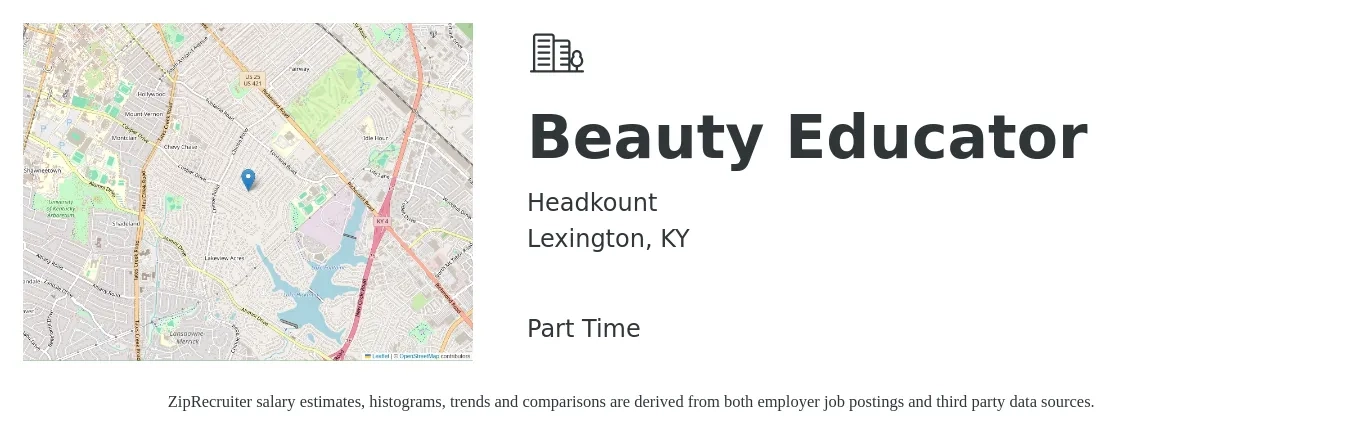 Headkount job posting for a Beauty Educator in Lexington, KY with a salary of $18 to $31 Hourly with a map of Lexington location.