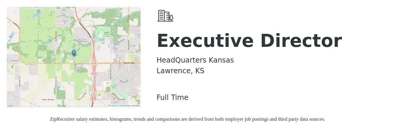 HeadQuarters Kansas job posting for a Executive Director in Lawrence, KS with a salary of $61,900 to $114,600 Yearly with a map of Lawrence location.