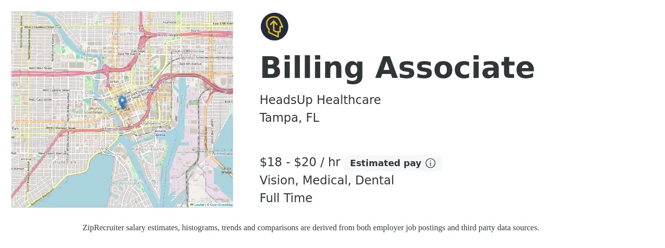 HeadsUp Healthcare job posting for a Billing Associate in Tampa, FL with a salary of $20 to $22 Hourly and benefits including medical, retirement, vision, and dental with a map of Tampa location.