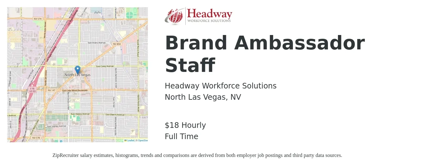 Headway Workforce Solutions job posting for a Brand Ambassador Staff in North Las Vegas, NV with a salary of $19 Hourly with a map of North Las Vegas location.