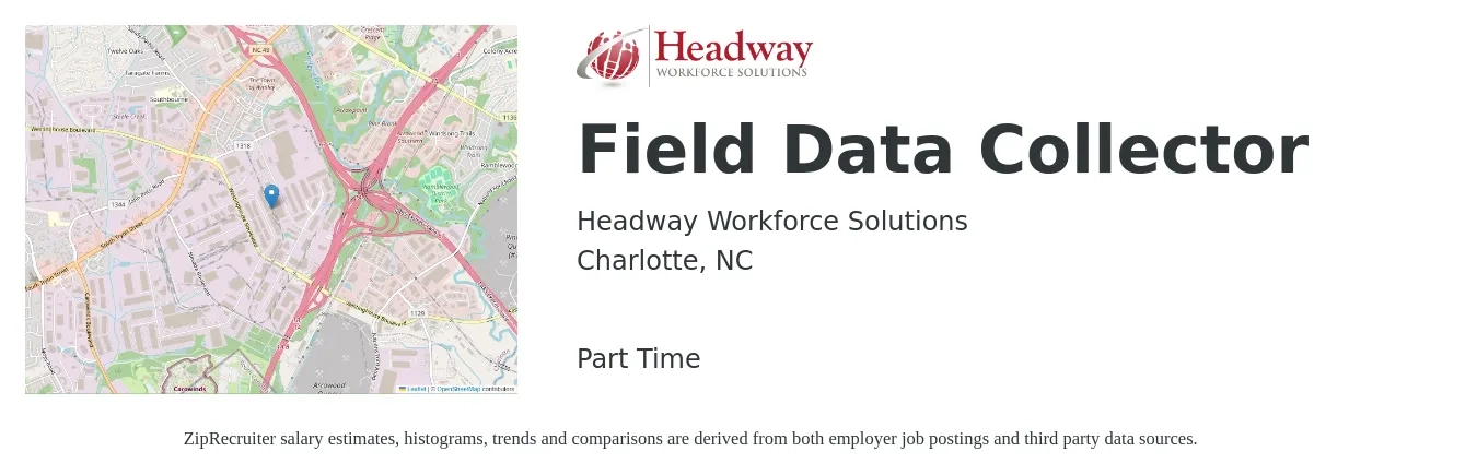 Headway Workforce Solutions job posting for a Field Data Collector in Charlotte, NC with a salary of $16 to $20 Hourly with a map of Charlotte location.
