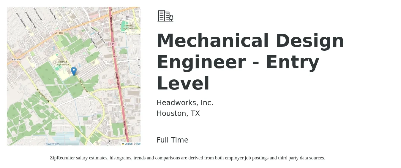 Headworks, Inc. job posting for a Mechanical Design Engineer - Entry Level in Houston, TX with a salary of $27 to $37 Hourly with a map of Houston location.