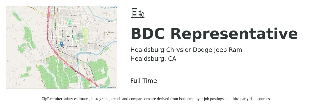 Healdsburg Chrysler Dodge Jeep Ram job posting for a BDC Representative in Healdsburg, CA with a salary of $17 to $23 Hourly with a map of Healdsburg location.