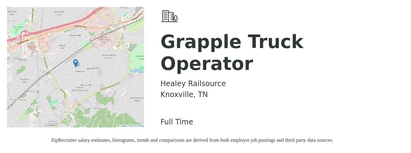 Healey Railsource job posting for a Grapple Truck Operator in Knoxville, TN with a salary of $18 to $28 Hourly with a map of Knoxville location.