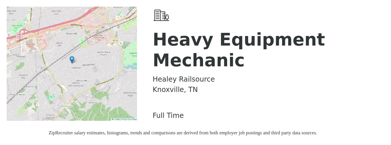 Healey Railsource job posting for a Heavy Equipment Mechanic in Knoxville, TN with a salary of $25 to $33 Hourly with a map of Knoxville location.