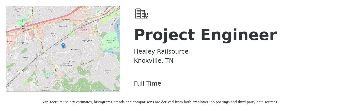 Healey Railsource job posting for a Project Engineer in Knoxville, TN with a salary of $70,600 to $98,800 Yearly with a map of Knoxville location.