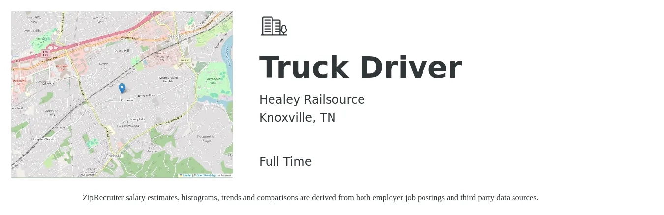 Healey Railsource job posting for a Truck Driver in Knoxville, TN with a salary of $19 to $32 Hourly with a map of Knoxville location.