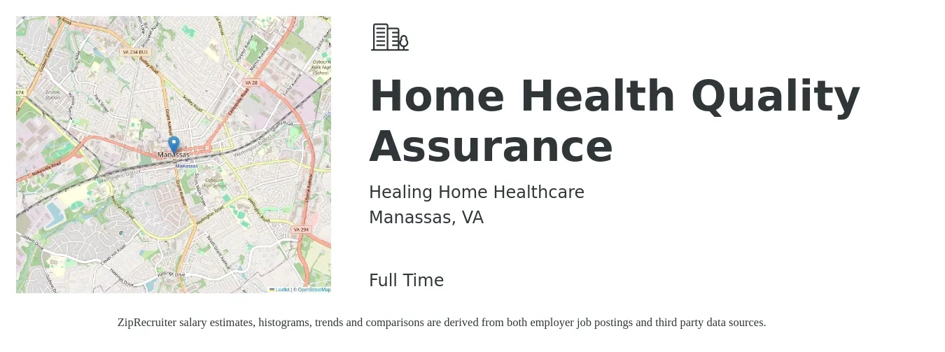 Healing Home Healthcare job posting for a Home Health Quality Assurance in Manassas, VA with a salary of $53,400 to $79,200 Yearly with a map of Manassas location.