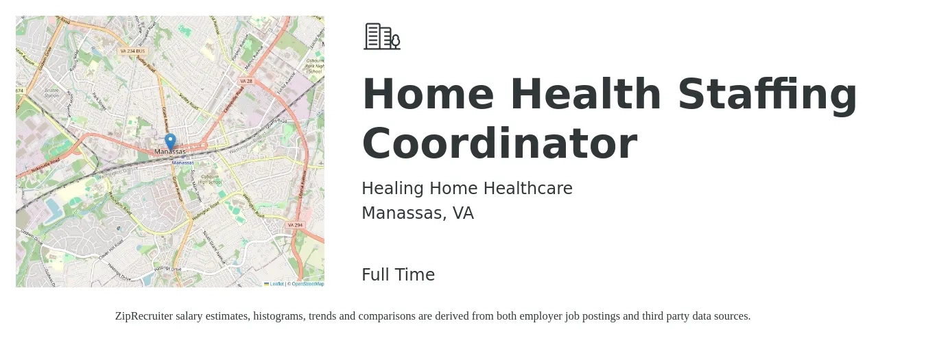 Healing Home Healthcare job posting for a Home Health Staffing Coordinator in Manassas, VA with a salary of $20 to $25 Hourly with a map of Manassas location.