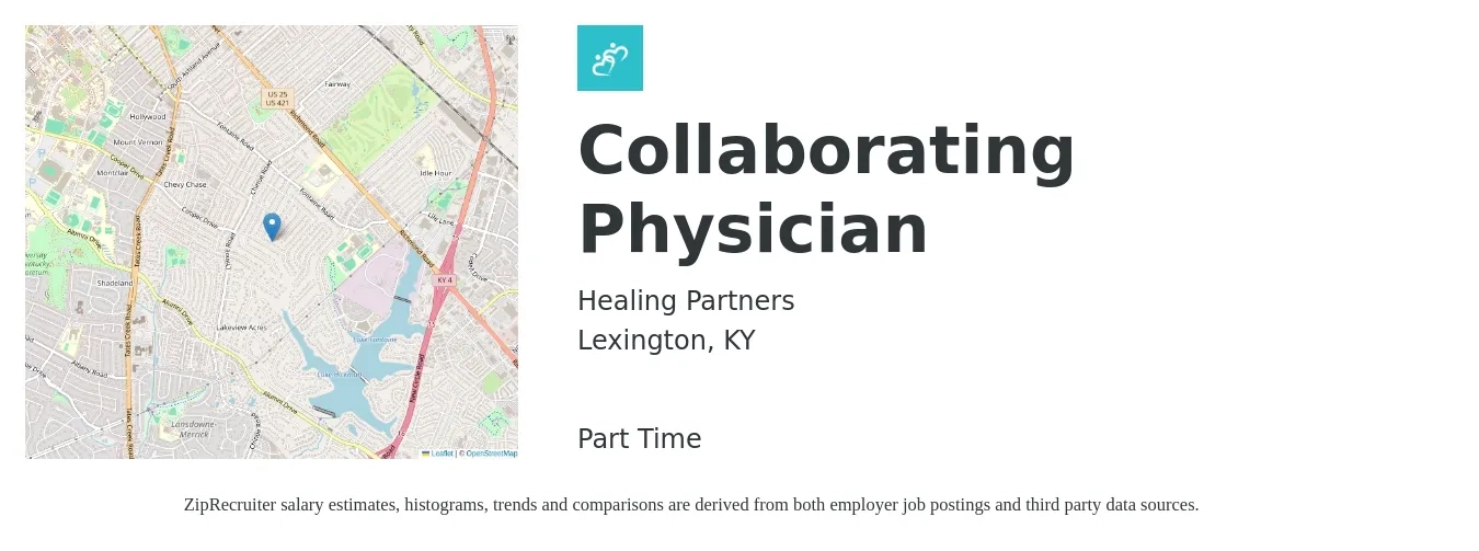 Healing Partners job posting for a Collaborating Physician in Lexington, KY with a salary of $115,300 to $238,500 Yearly with a map of Lexington location.
