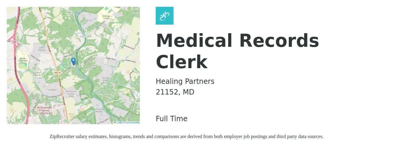 Healing Partners job posting for a Medical Records Clerk in 21152, MD with a salary of $15 to $19 Hourly with a map of 21152 location.