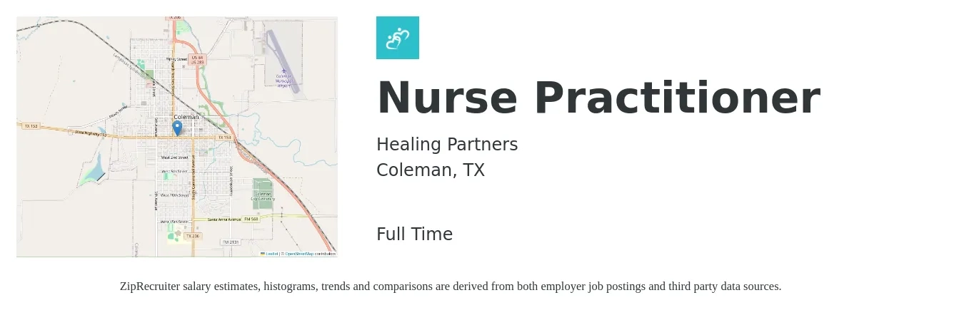 Healing Partners job posting for a Nurse Practitioner in Coleman, TX with a salary of $97,600 to $135,500 Yearly with a map of Coleman location.