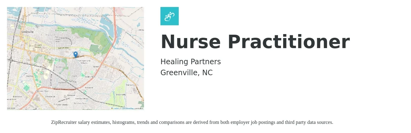 Healing Partners job posting for a Nurse Practitioner in Greenville, NC with a salary of $103,500 to $143,700 Yearly and benefits including dental, medical, and vision with a map of Greenville location.