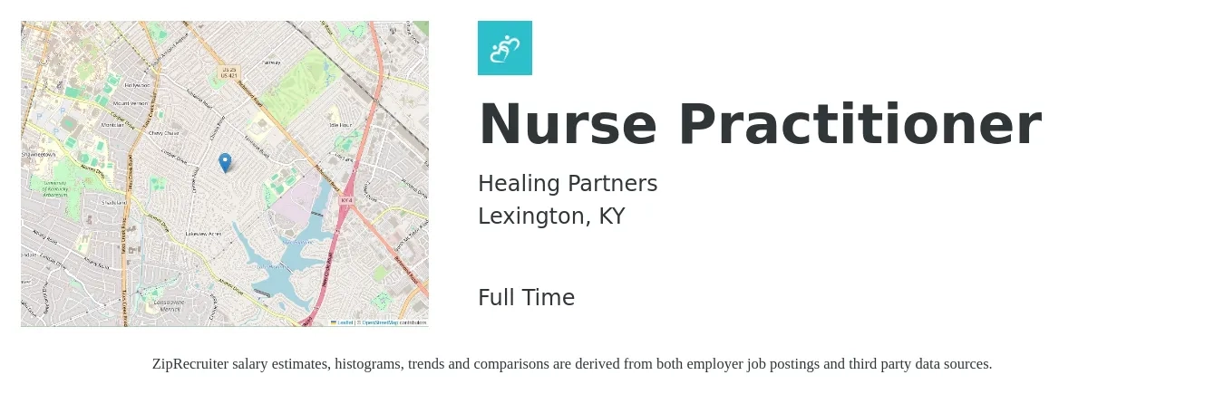 Healing Partners job posting for a Nurse Practitioner in Lexington, KY with a salary of $107,300 to $149,100 Yearly with a map of Lexington location.