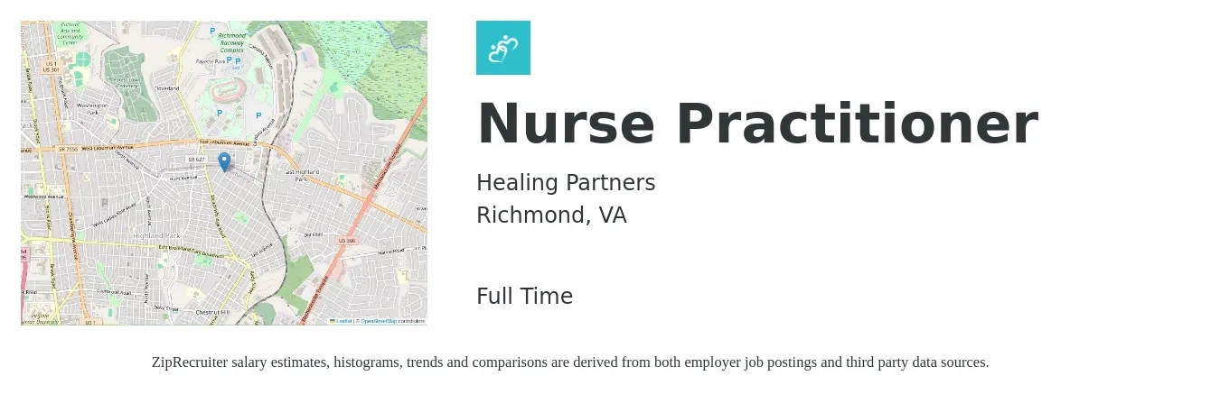 Healing Partners job posting for a Nurse Practitioner in Richmond, VA with a salary of $102,900 to $142,900 Yearly with a map of Richmond location.