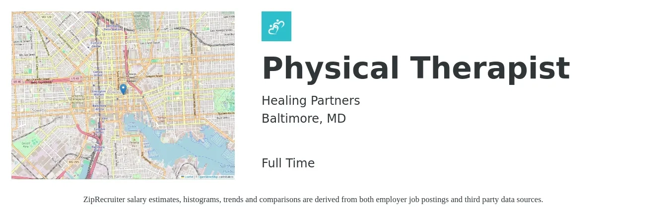 Healing Partners job posting for a Physical Therapist in Baltimore, MD with a salary of $95,000 to $130,000 Yearly with a map of Baltimore location.