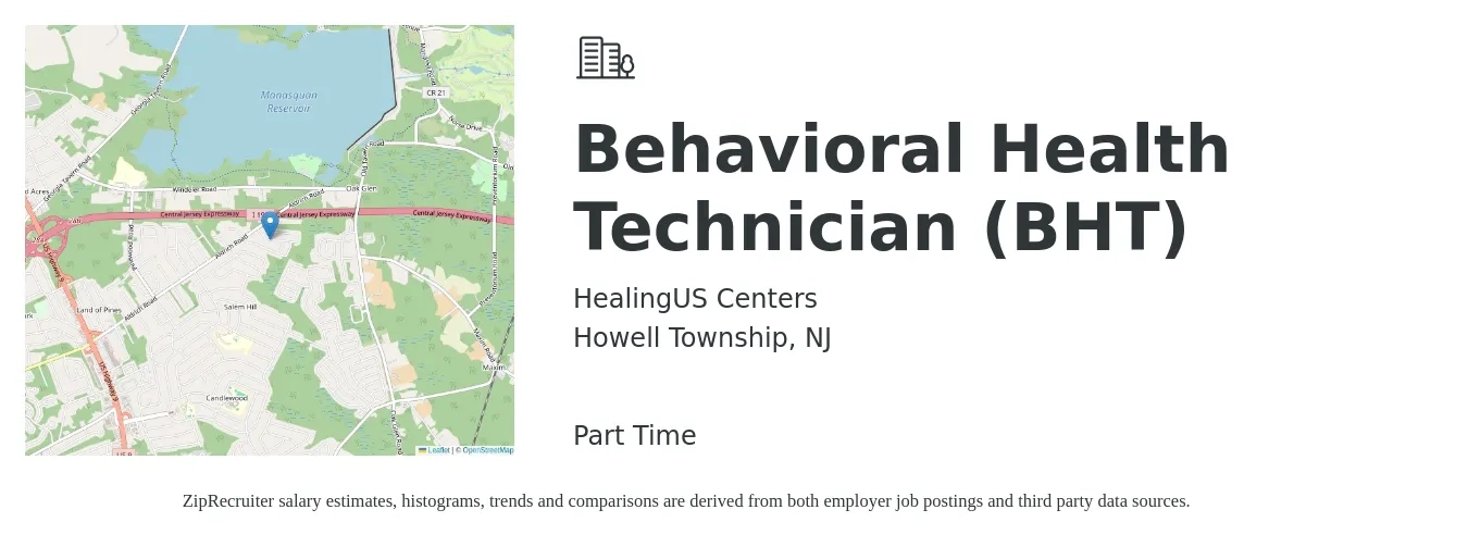 HealingUS Centers job posting for a Behavioral Health Technician (BHT) in Howell Township, NJ with a salary of $16 to $20 Hourly with a map of Howell Township location.