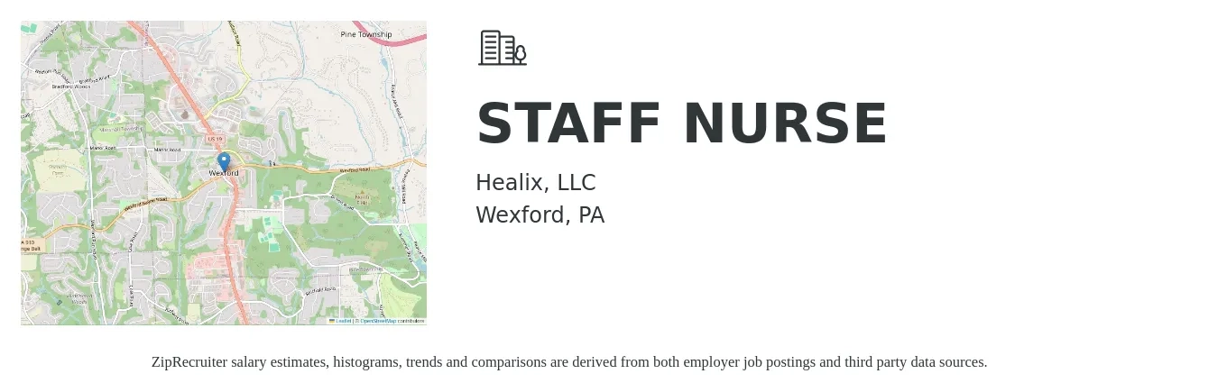 Healix, LLC. job posting for a Staff Nurse in Wexford, PA with a salary of $31 to $51 Hourly and benefits including pto, retirement, vision, dental, life_insurance, and medical with a map of Wexford location.