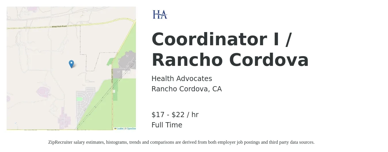 Health Advocates job posting for a Coordinator I / Rancho Cordova in Rancho Cordova, CA with a salary of $18 to $23 Hourly with a map of Rancho Cordova location.