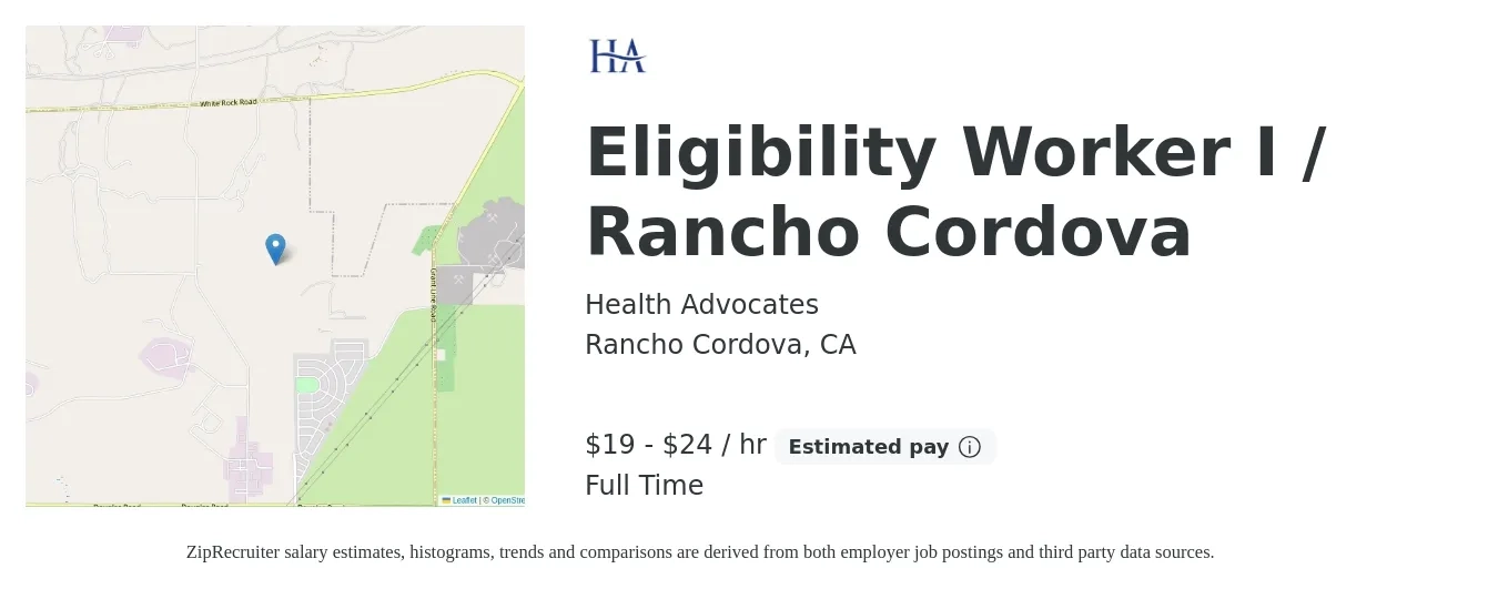 Health Advocates job posting for a Eligibility Worker I / Rancho Cordova in Rancho Cordova, CA with a salary of $20 to $26 Hourly with a map of Rancho Cordova location.