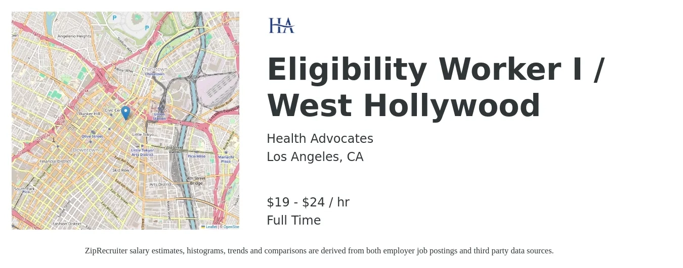 Health Advocates job posting for a Eligibility Worker I / West Hollywood in Los Angeles, CA with a salary of $20 to $26 Hourly with a map of Los Angeles location.