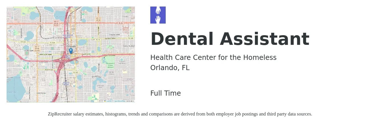 Health Care Center for the Homeless job posting for a Dental Assistant in Orlando, FL with a salary of $17 to $22 Hourly with a map of Orlando location.