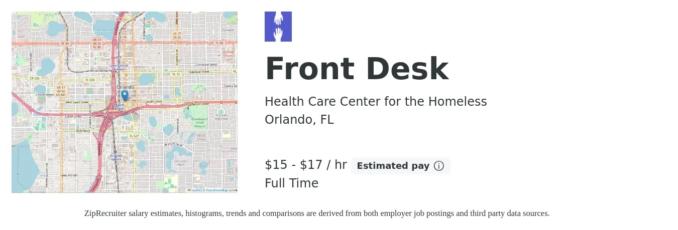Health Care Center for the Homeless job posting for a Front Desk in Orlando, FL with a salary of $16 to $18 Hourly with a map of Orlando location.