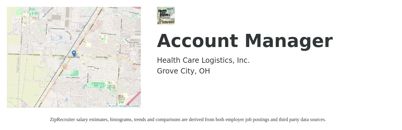Health Care Logistics, Inc. job posting for a Account Manager in Grove City, OH with a salary of $45,000 to $73,700 Yearly with a map of Grove City location.