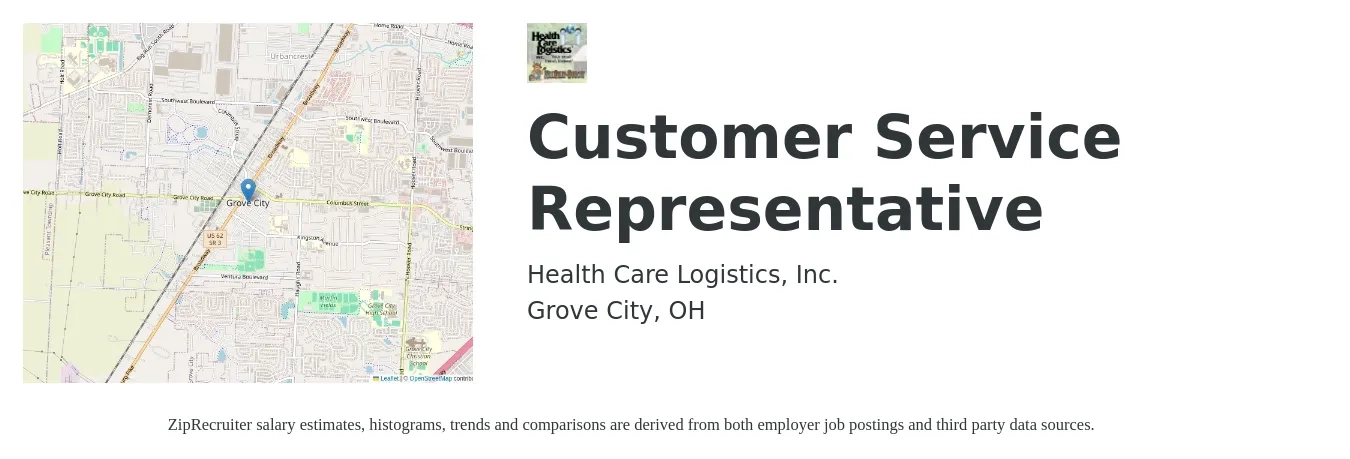 Health Care Logistics, Inc. job posting for a Customer Service Representative in Grove City, OH with a salary of $15 to $20 Hourly with a map of Grove City location.