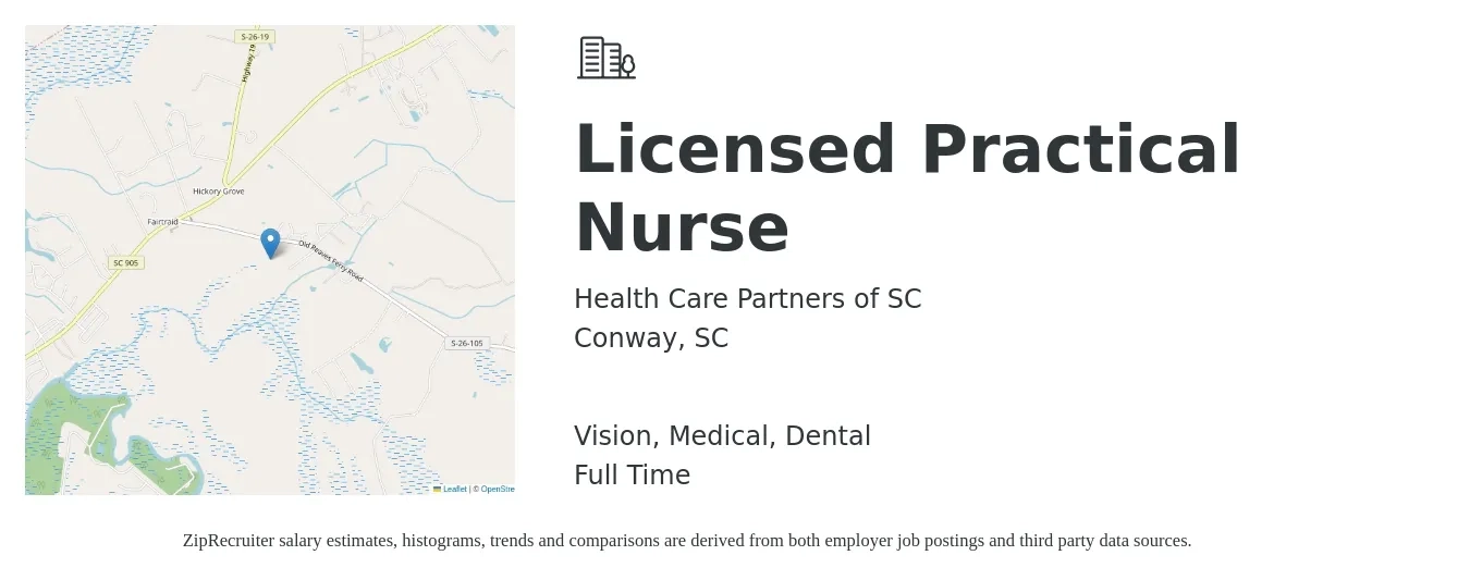 Health Care Partners of SC job posting for a Licensed Practical Nurse in Conway, SC with a salary of $22 to $30 Hourly and benefits including retirement, vision, dental, life_insurance, medical, and pto with a map of Conway location.