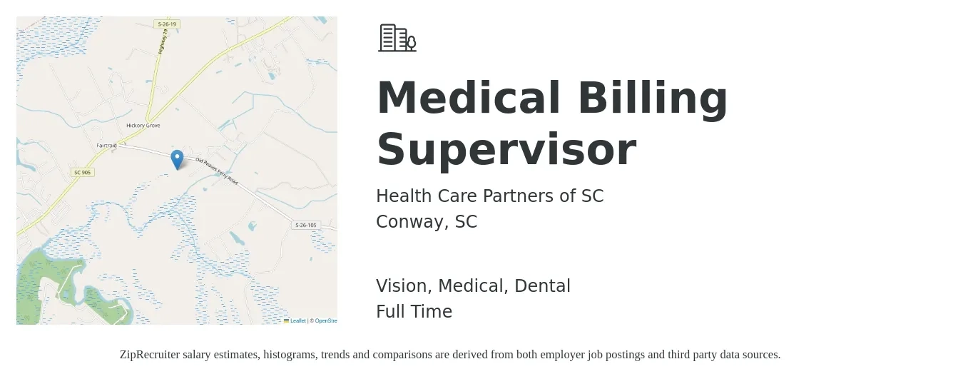 Health Care Partners of SC job posting for a Medical Billing Supervisor in Conway, SC with a salary of $45,600 to $60,100 Yearly and benefits including pto, retirement, vision, dental, life_insurance, and medical with a map of Conway location.