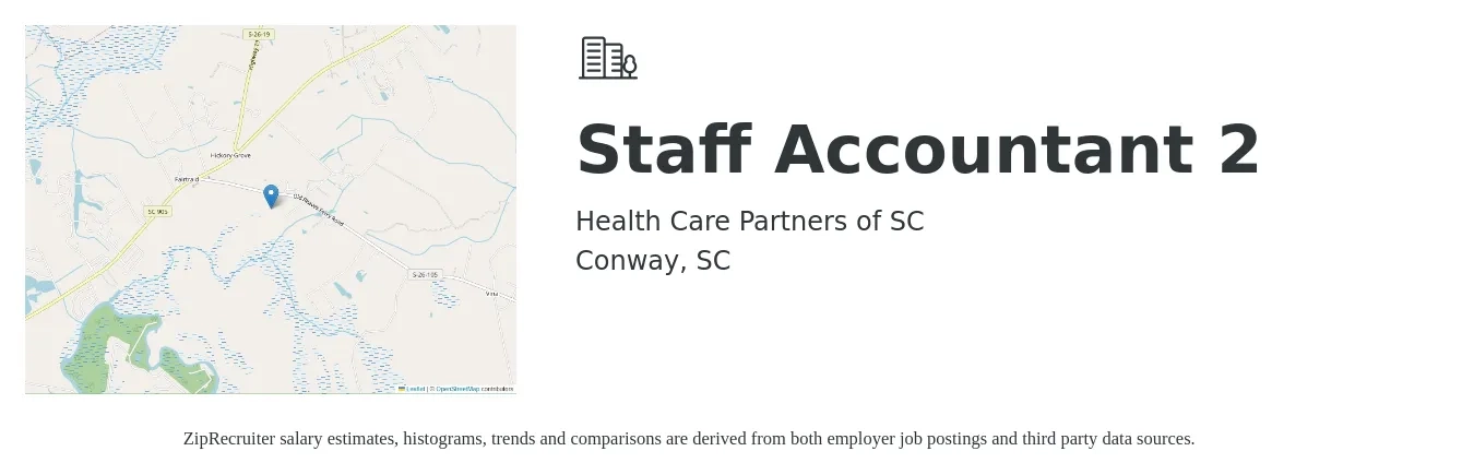 Health Care Partners of SC job posting for a Staff Accountant 2 in Conway, SC with a salary of $2,130 to $6,120 Monthly and benefits including retirement, vision, dental, life_insurance, medical, and pto with a map of Conway location.